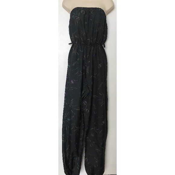 Pants - Black Strapless Leafy Jumpsuit